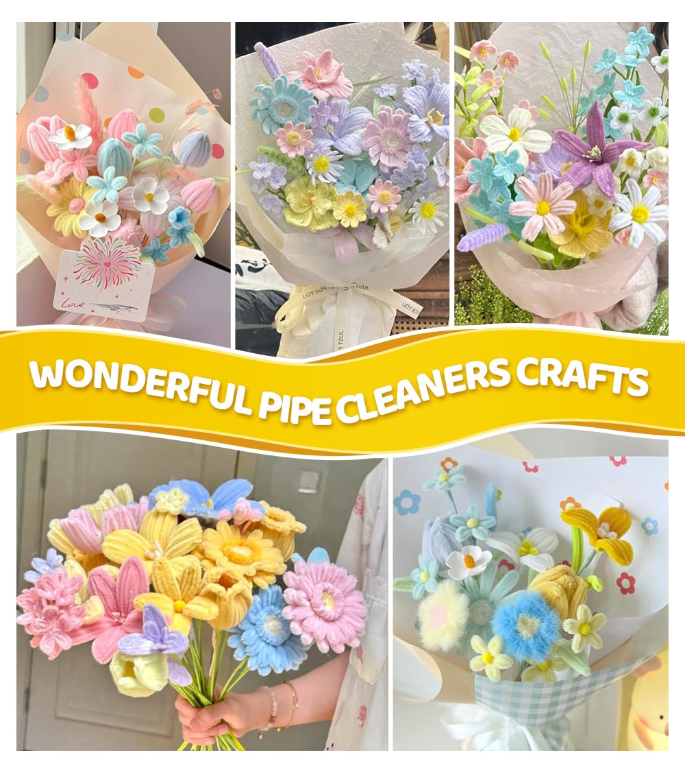 Eppingwin 360 PCS Pipe Cleaners for Flowers, Macaroon Chenille Stems for Crafts, Pipe Cleaners Bulk with Instruction for Tulip, Rose, Lily, Sunflower