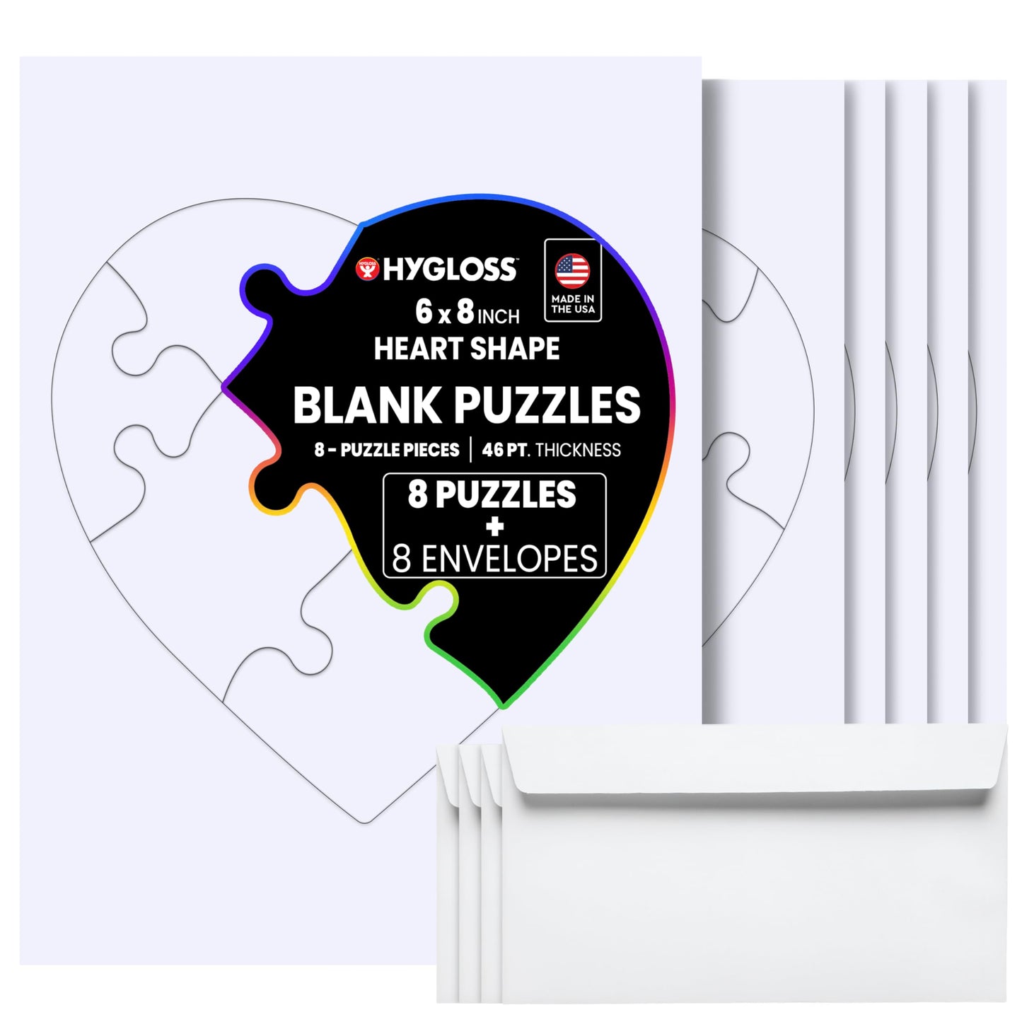 Hygloss 8 Blank Heart Puzzles with Envelopes - 6 x 8 Inches - Ideal for Valentine’s Day Crafts - Write, Draw, and Decorate - 8 Pieces Each