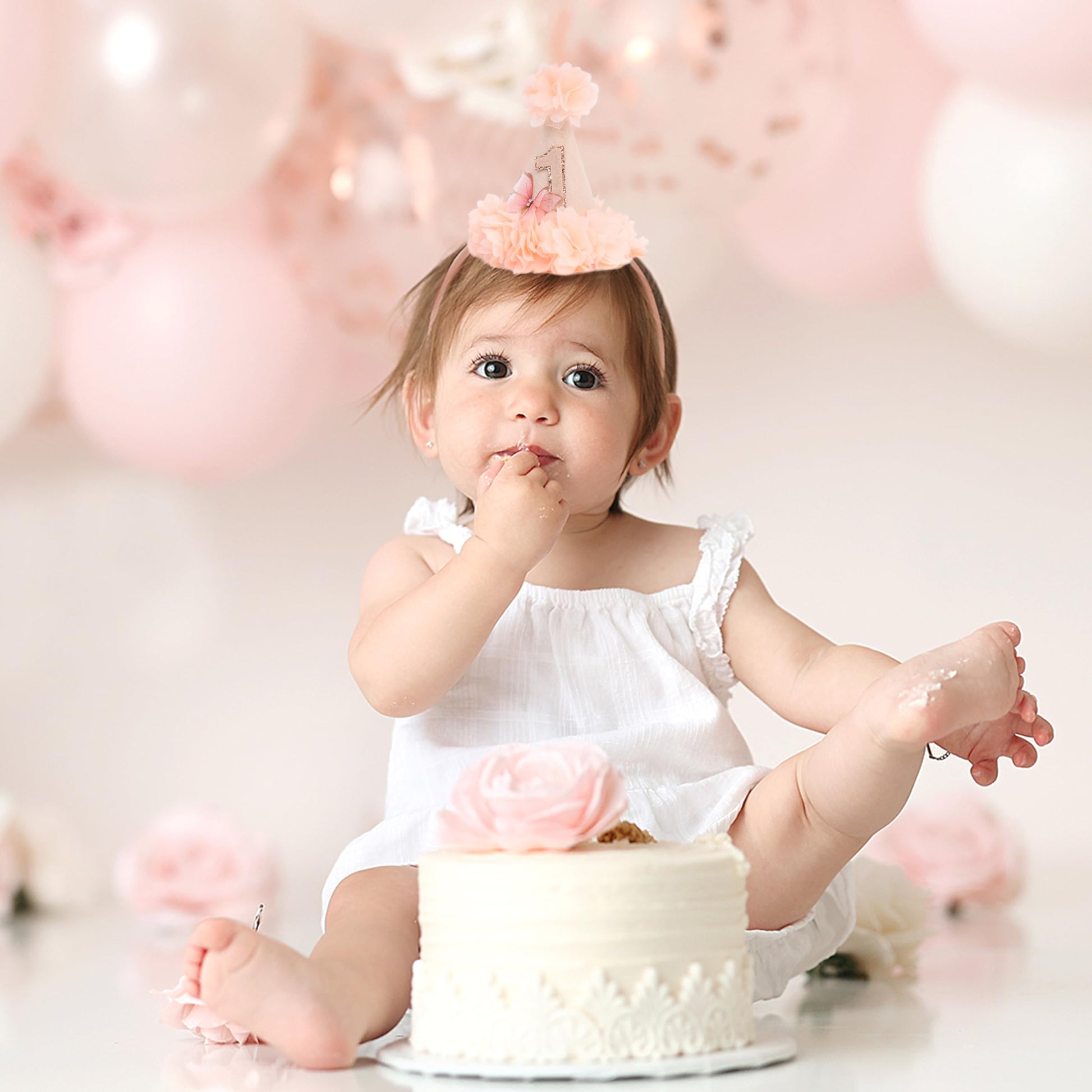 MADENG Rose First Birthday Hat - 1st Birthday Party Decoration, Pink Butterfly 1st Birthday Hat, Flowers 1st Birthday Crown, Cake Crush Champagne Gold