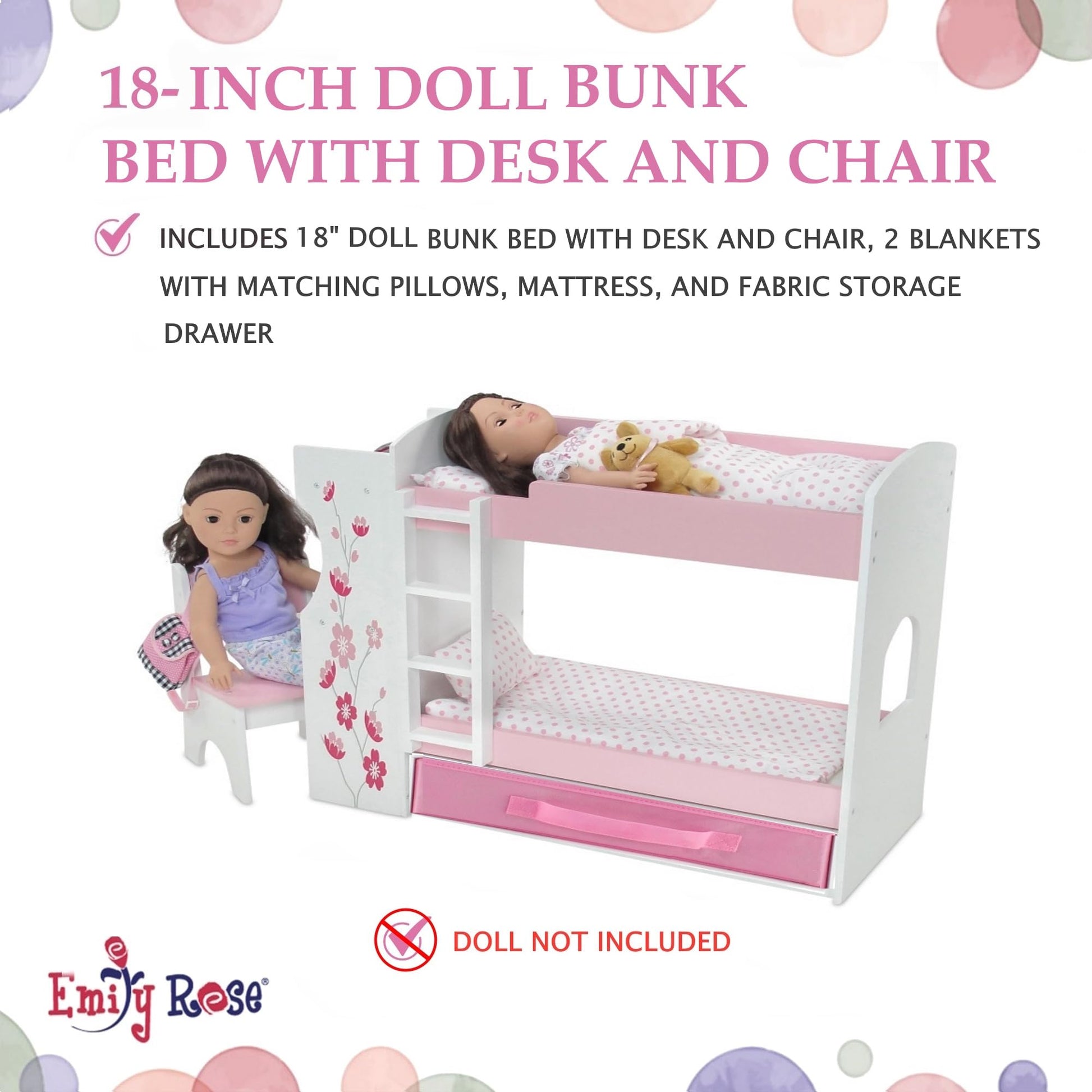 Emily Rose 18 Inch Doll Bunk Bed Set with Desk, Storage Drawer & Bedding