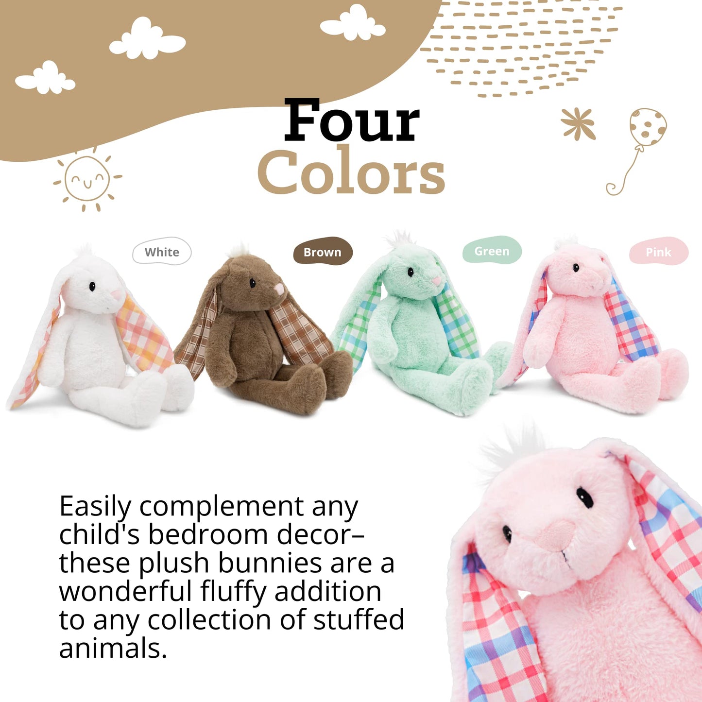 Plushible Easter Bunny Stuffed Animal, 14" (Pink) - Soft Embroidered Stuffed Bunny Plush Toy for Kids, Newborns, Boys & Girls, Cuddly and Adorable