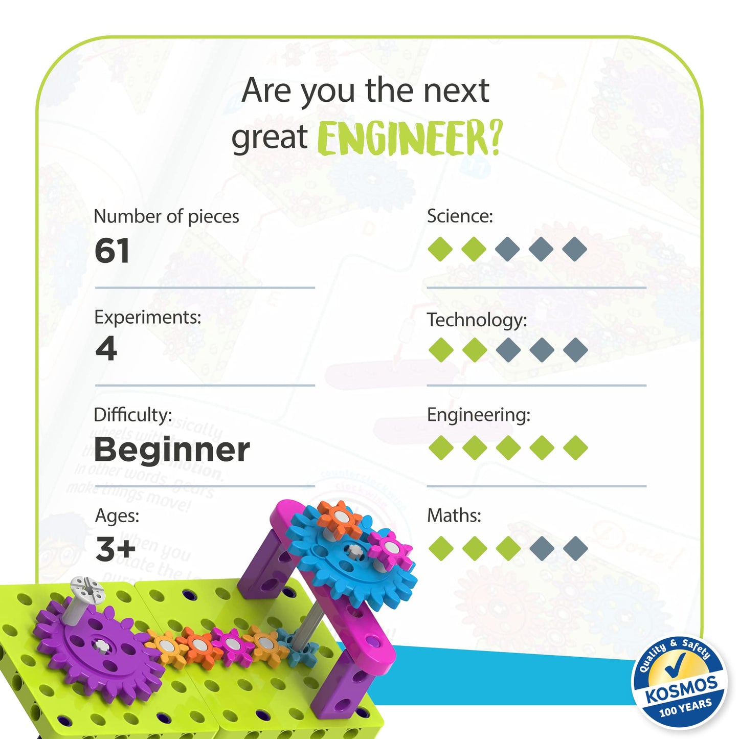 Thames & Kosmos Kids First: Intro to Gears STEM Experiment Kit for Ages 3+ | Build 4 Models, Learn About Gears, Power & Motion | Intro to Mechanical