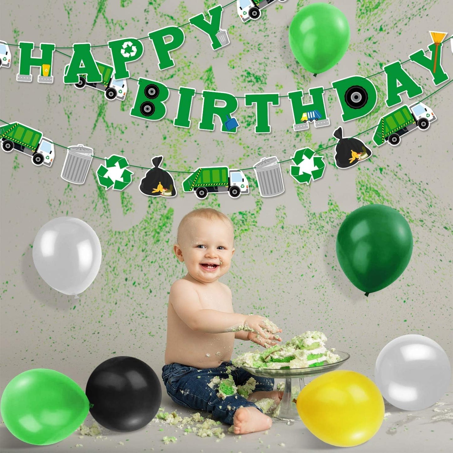 Bessmoso 56 Pcs Garbage Truck Birthday Decoration Trash Truck Birthday Banner, Latex Balloons, Cake Topper, Cupcake Toppers Trash Waste Management