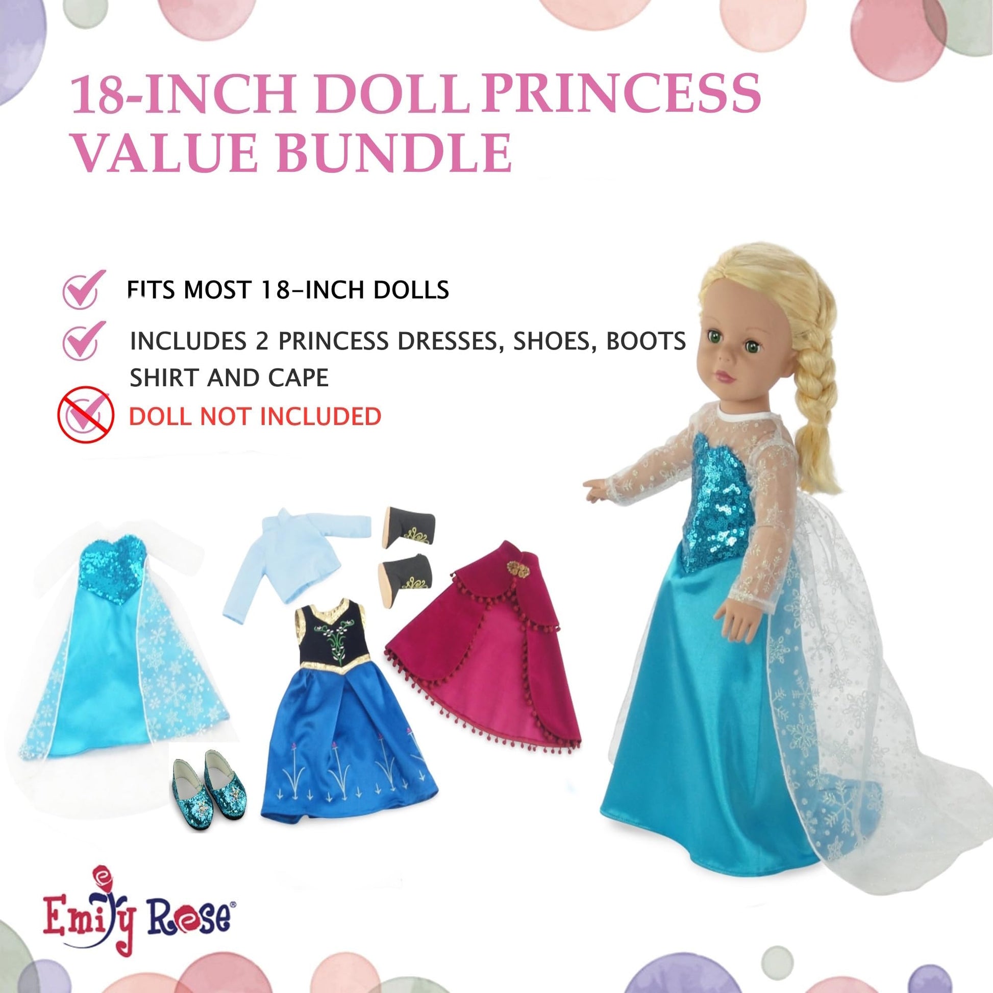 Emily Rose 18 Inch Doll Princess Costume Set 6-PC | 2 Complete Fairytale Outfits with Shoes - Compatible with American Girl, Our Generation, My Life