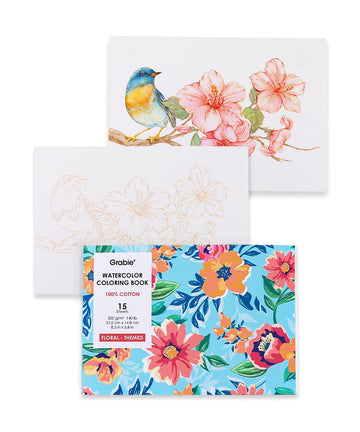 Grabie Floral Watercolor Coloring Book, 100% Cotton Watercolor Paper Pad, 15 Sheets 300 GSM Cold Press Painting Pages for Adults, Beginners, Artists