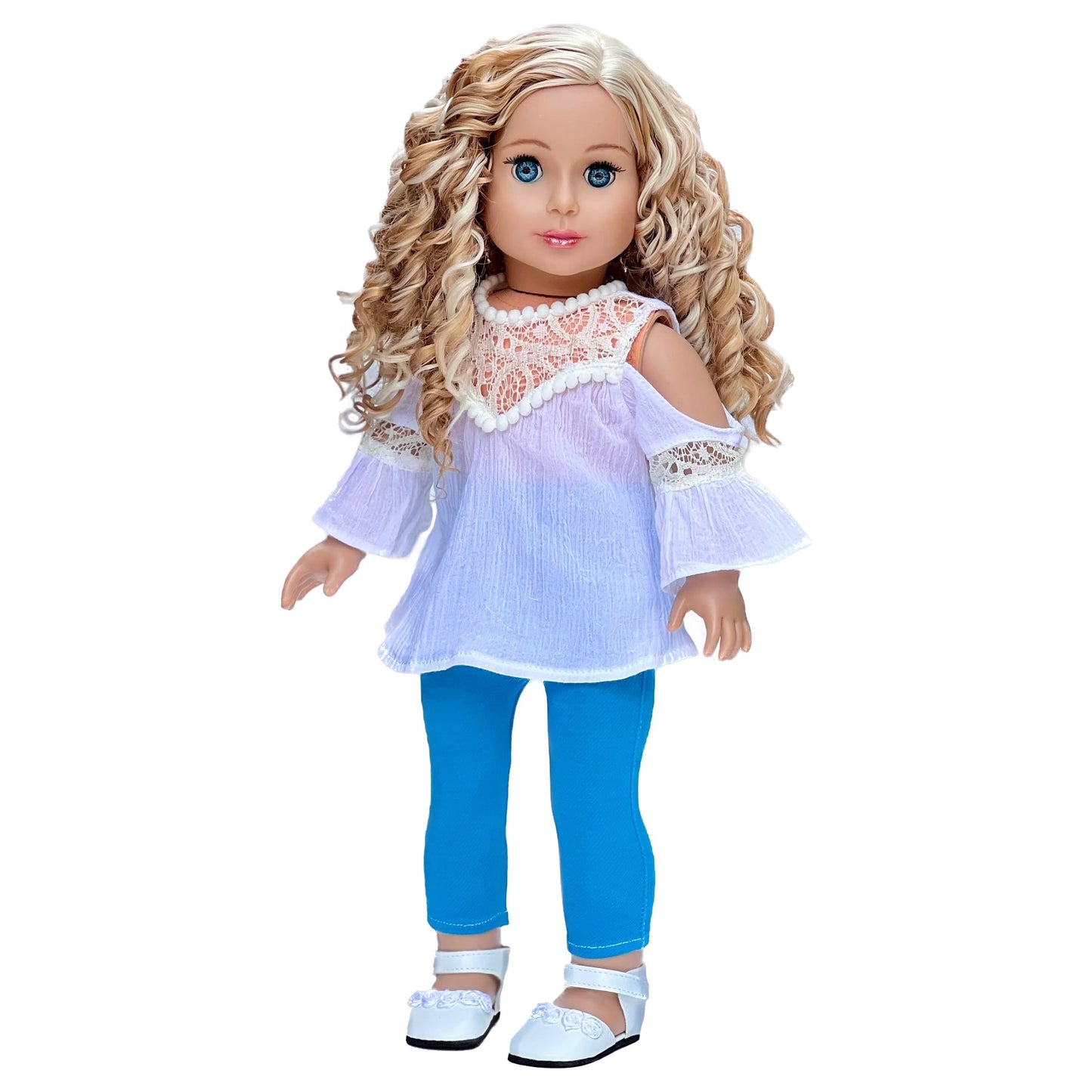 Trendy Girl - 18 inch Doll Clothes - 3 Piece Outfit - White Cotton Blouse, Turquoise Leggings and White Shoes (Dolls Not Included)