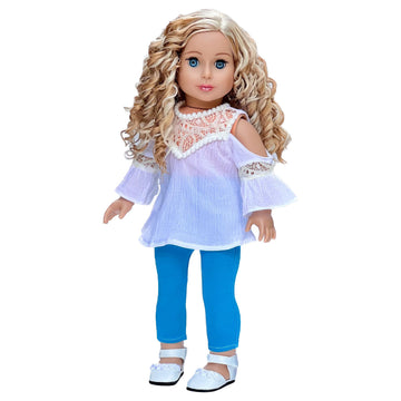 Trendy Girl - 18 inch Doll Clothes - 3 Piece Outfit - White Cotton Blouse, Turquoise Leggings and White Shoes (Dolls Not Included)