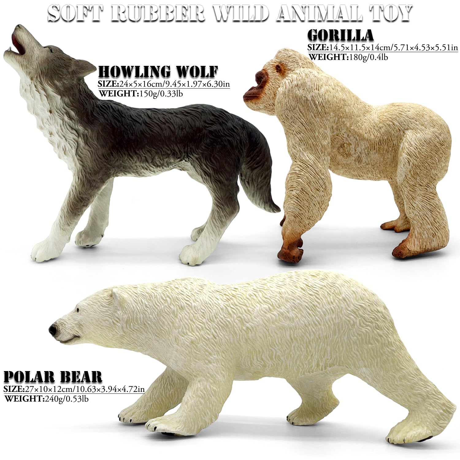 Jumbo Safari Animal Toys - Soft Zoo Playset for Kids, Realistic Wild Figurines, Educational Party Birthday for Kids Ages 3-12 (3 pcs Gorilla Wolf
