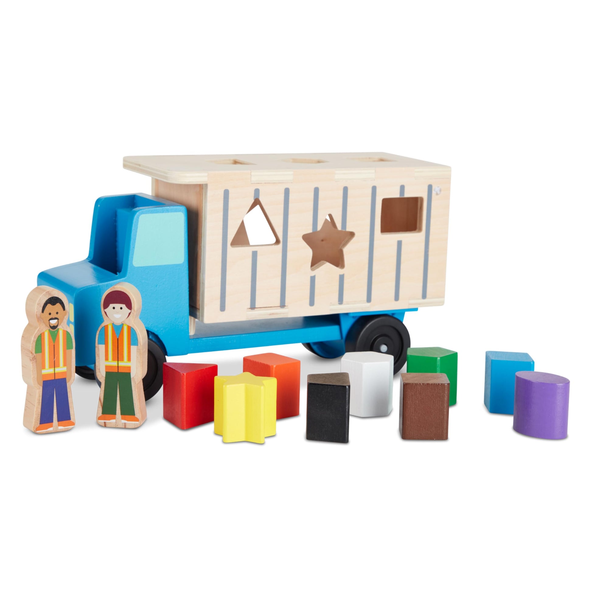 Melissa & Doug Shape-Sorting Dump Truck Wooden Toy with 9 Blocks and 2 Toy Figures - Montessori Toys and Toddler Toys for Preschool Learning