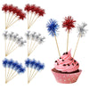 30PCS Cupcake Toppers,4th of July Foil Firework Toothpick,Independence Day Patriotic Cake Fruit Decorations(RED,BLUE,SILVER)