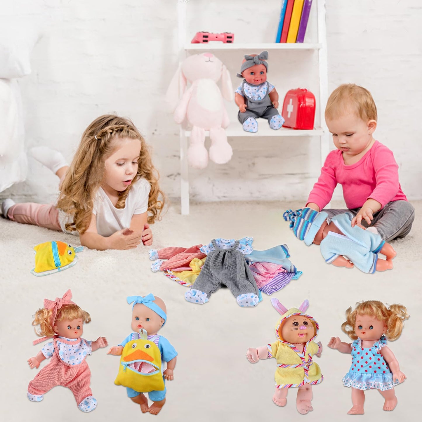 Young Buds 8pcs for 8-9-10 Inch Baby Doll Clothes Dress Newborn Baby Doll Accessories Gown Costumes Outfits with Schoolbag Xmas Gift-wrap