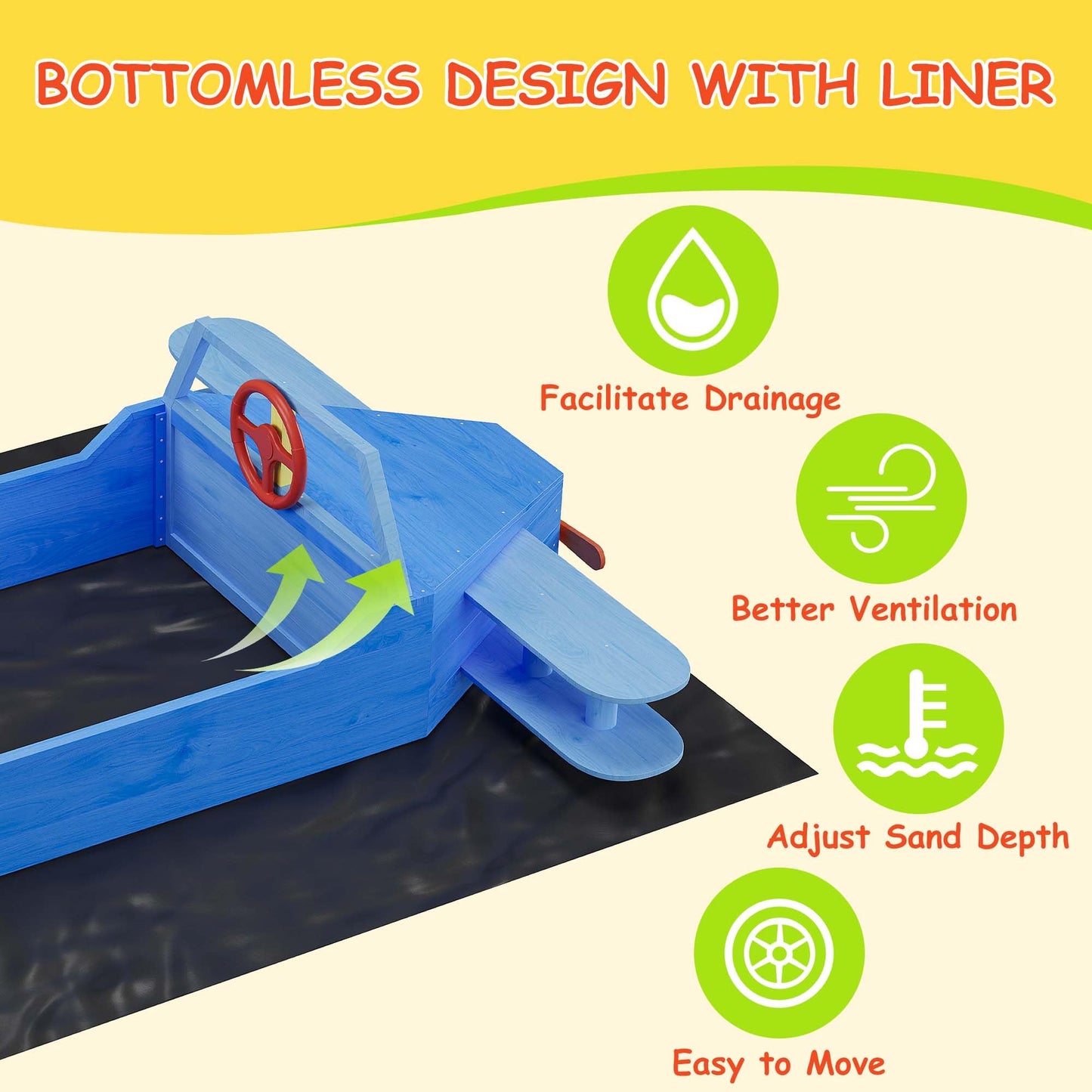 Wooden Sandbox, Outdoor Sand Box Bottom Liner, Adjustable Height & Rotatable Canopy for Ages 3-8, Spacious Kids Sand Pit for Beach, Patio, Backyard