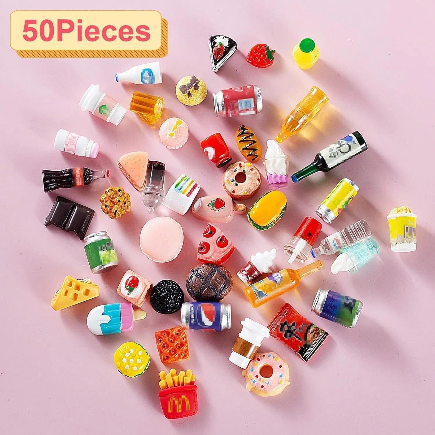 50 Pcs Miniature Food Drink Bottles Soda Pop Cans Pretend Play Kitchen Game Party Accessories Toys Hamburg Cake Ice Cream for 1/12 Doll House