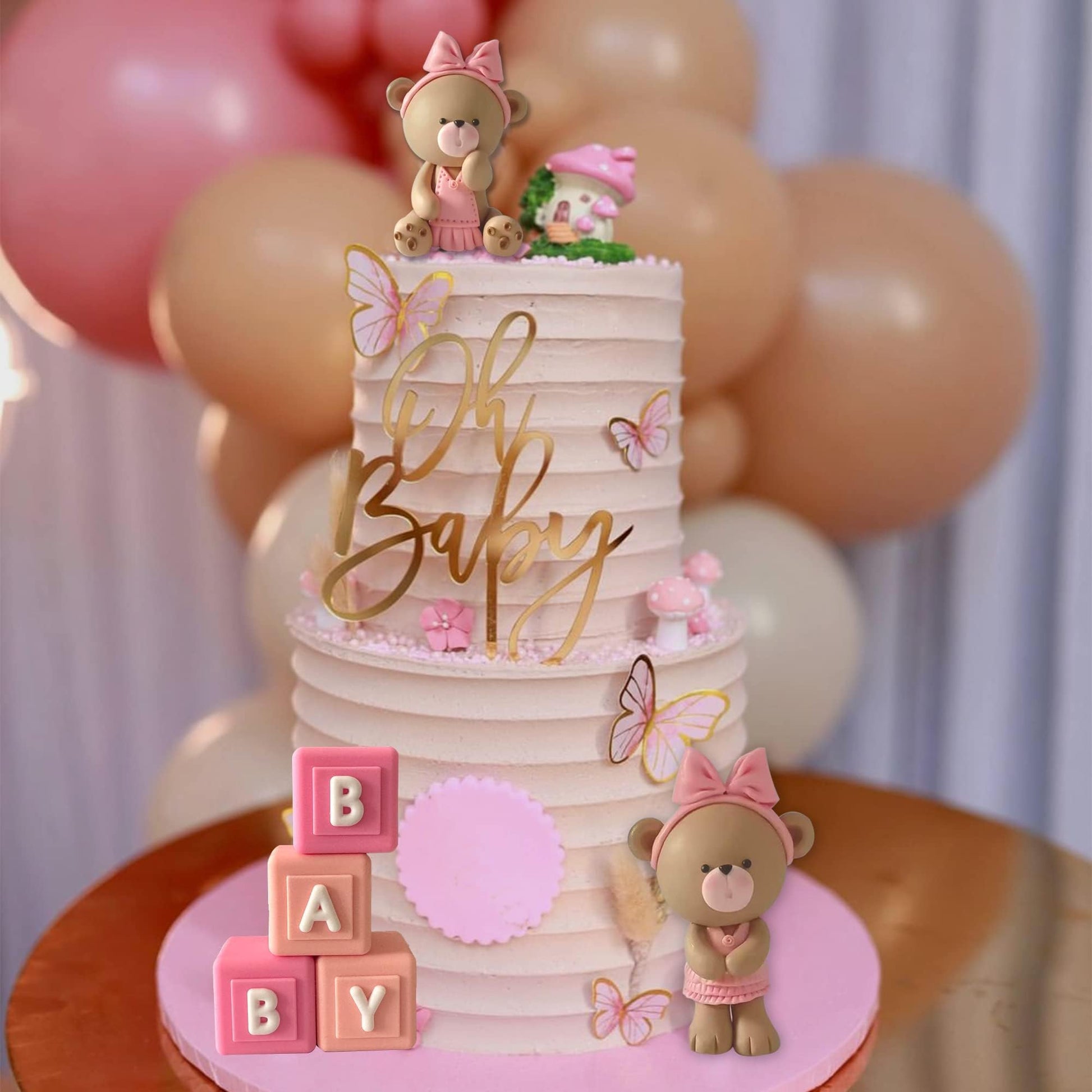 Bear Cake Toppers Balls Cake Decorations with BABY Letters for Baby Shower Gender Reveal Bear Themed Birthday Party Supplies (Girl)