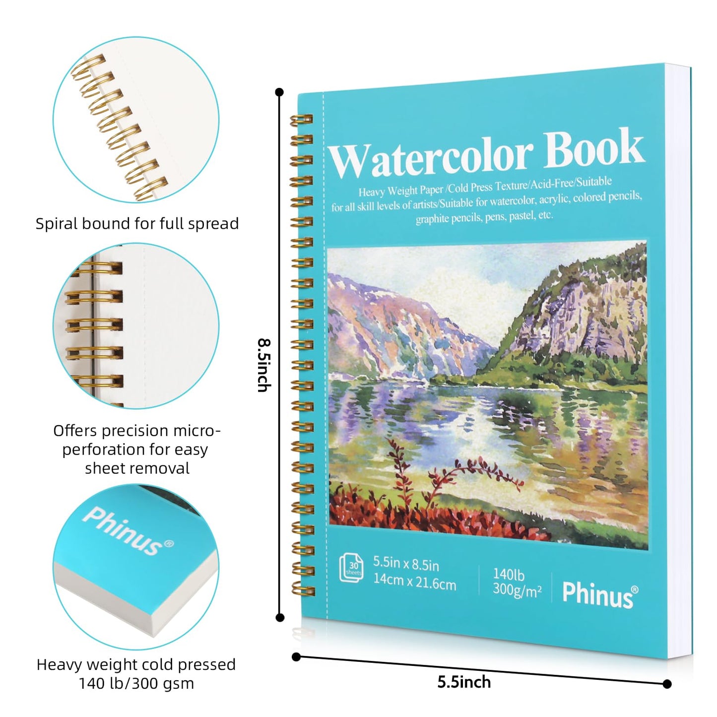 Phinus 30 Sheets Watercolor Sketchbook 5.5 x 8.5 Inch, Watercolor Paper Cold Press (140lb/300gsm), Spiral Bound Water Color Pad for Adults Kids, Mixed