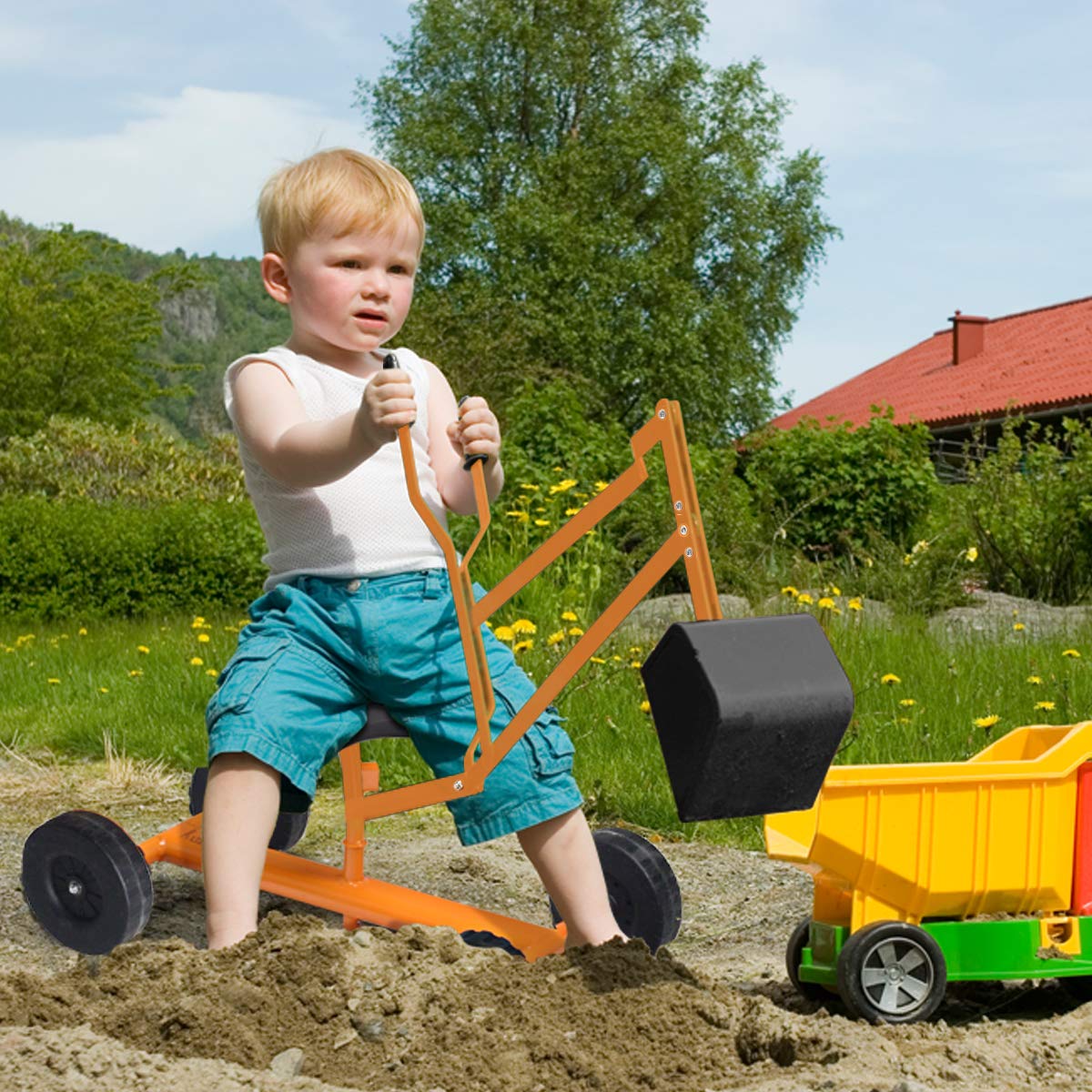 HONEY JOY Ride on Sand Digger, Metal Sit on Crane Sandbox Digger Toy with Seat & Handle, Toddlers Excavator Ride on Toy for Backyard, 4 Wheeler Kids