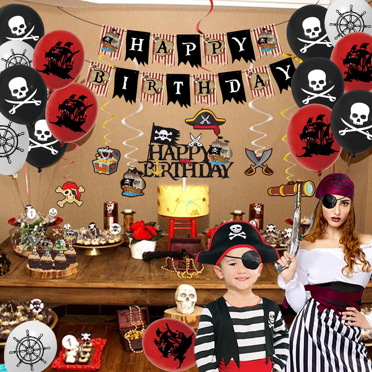 Pirate Party Decorations - Pirate Birthday Banner, Balloons, Cake Toppers & Hanging Swirls for Men, Boys & Kids
