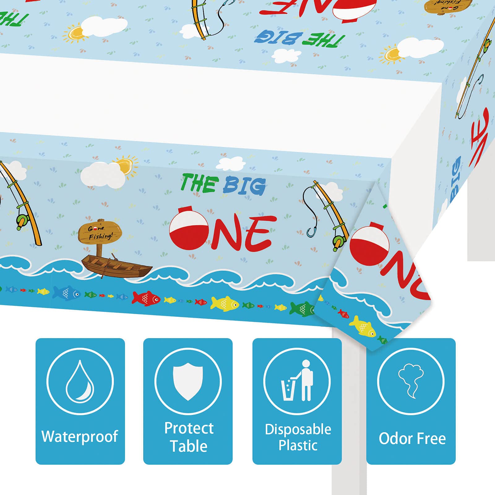 Letromp Ofishally One Tablecloth The Big One Tablecovers for Gone Fishing 1st Birthday Baby Shower Party Supplies Decorations, Plastic, 70.8in x
