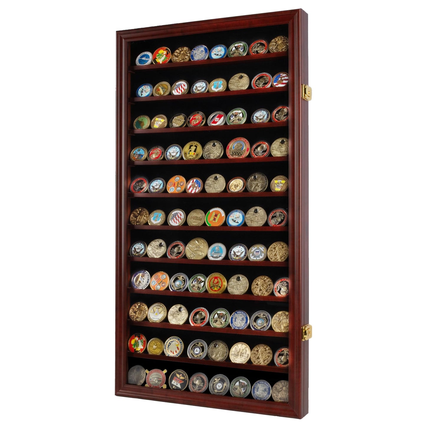 DisplayGifts Military Challenge Coin Display Case Poker Chips Holder Wall Cabinet Showcase Rack Stand Mahogany Finish