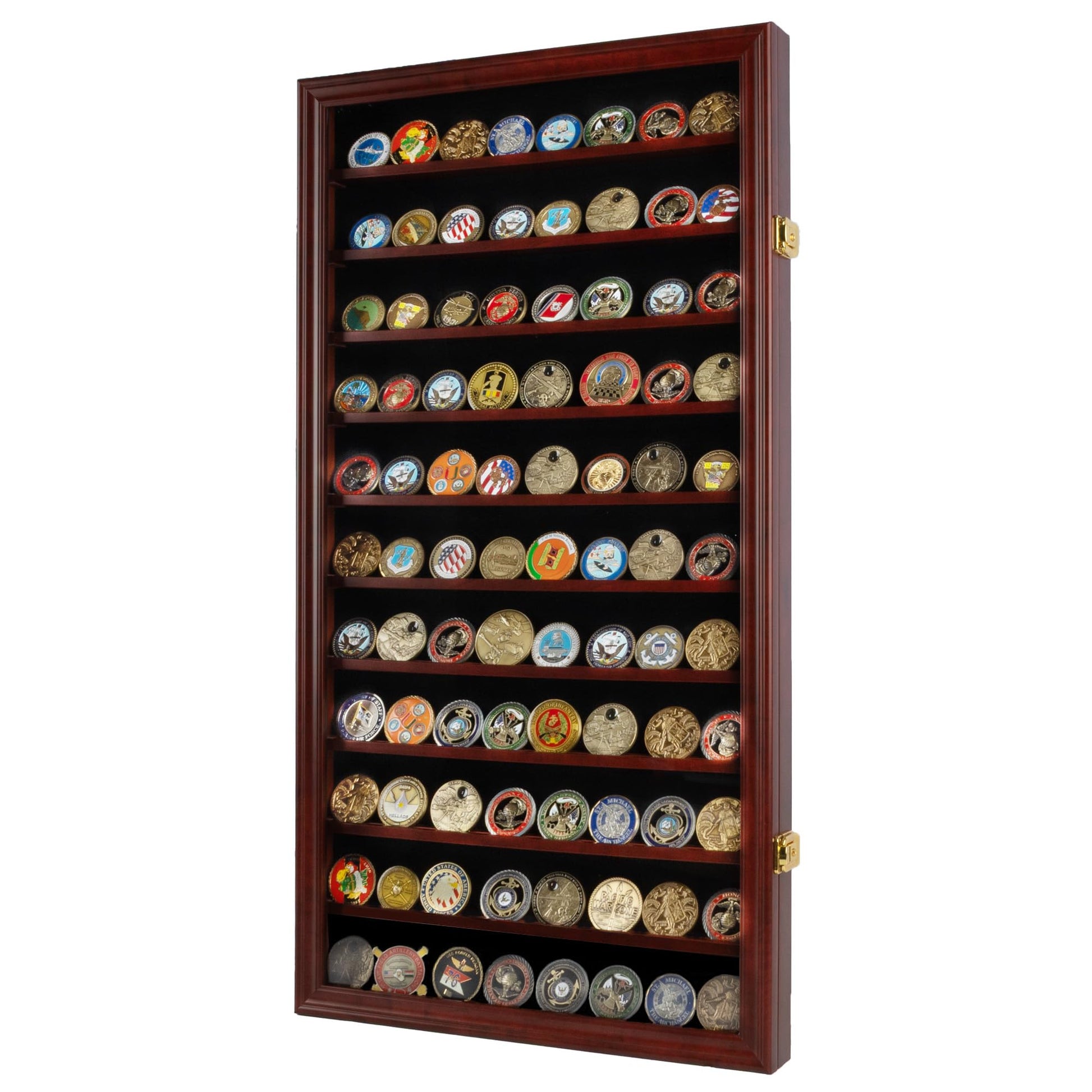 DisplayGifts Military Challenge Coin Display Case Poker Chips Holder Wall Cabinet Showcase Rack Stand Mahogany Finish