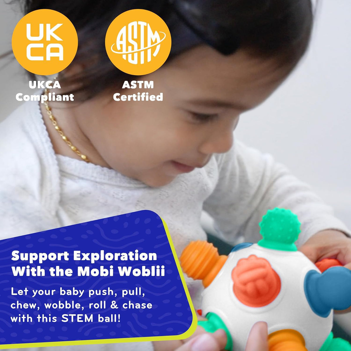 Mobi Woblii Sensory Ball for Babies - Montessori Teething Toy with Satisfying Pop, Food-Grade Silicone Baby Teether for 3 Months+, BPA & Phthalate