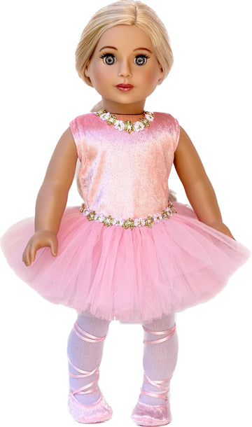 Prima Ballerina - 3 Piece Ballerina Outfit Fits 18 Inch Doll - Pink Leotard with Tutu, White Tights and Ballet Shoes (Doll Not Included)