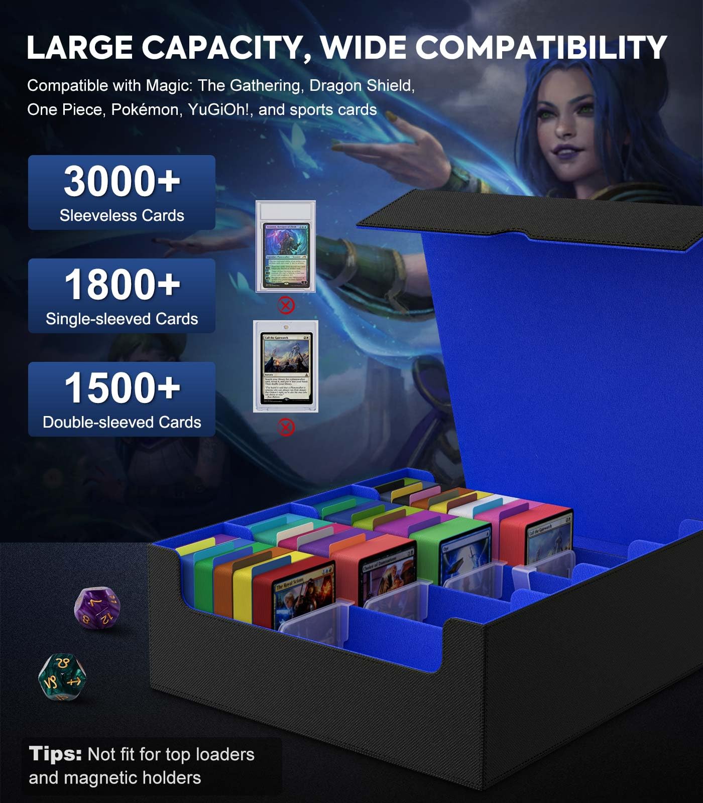 MoKo Trading Card Storage Box, 3000+ MTG Deck Box with 24 Colorful Dividers & 4 Card Supporters, Commander Card Deck Case Fits for Magic Game Cards