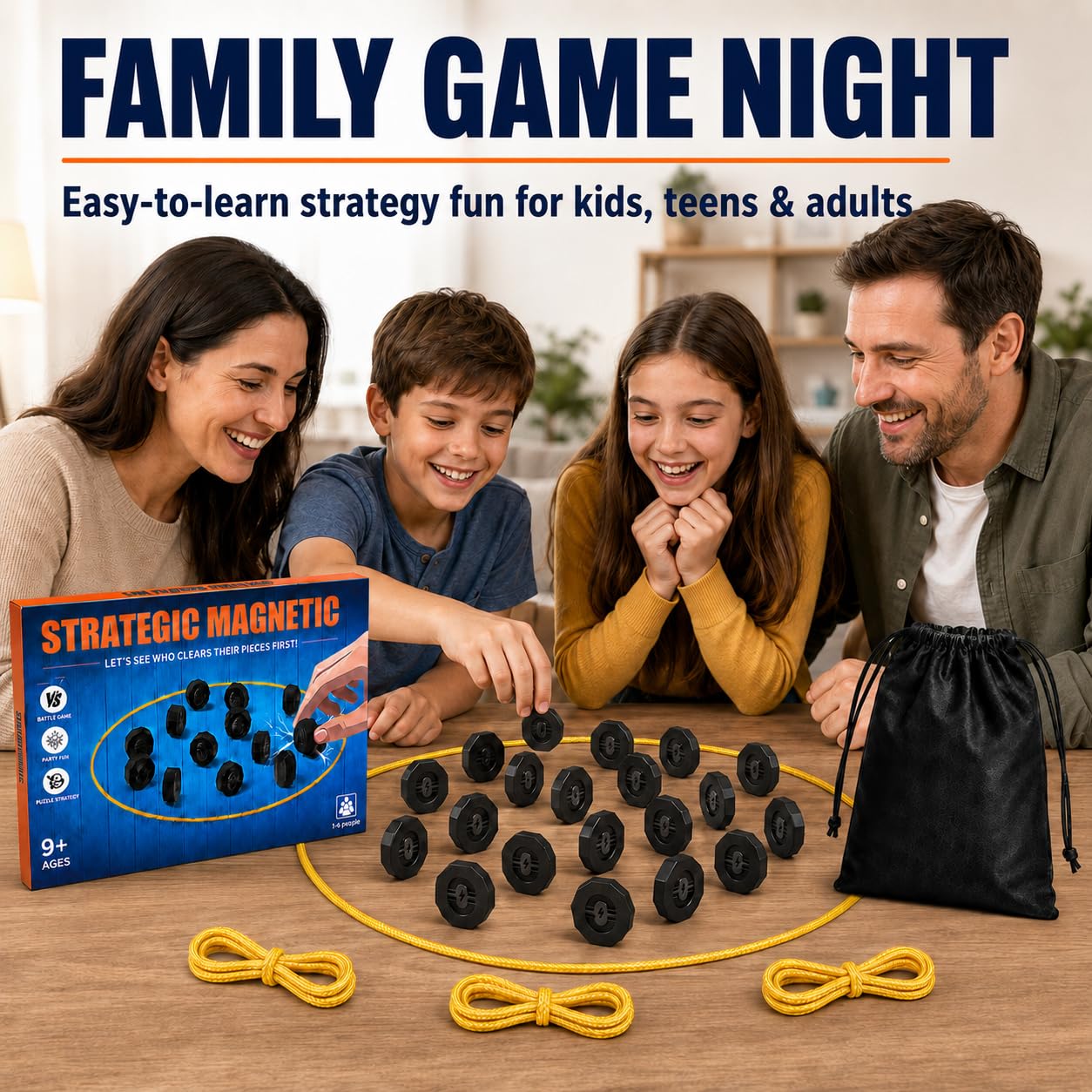 Fouwoqi Magnet Game with String, 20 Full-Size Magnetic Stones & 3 Ropes, Portable Magnetic Chess Strategy Game for Family Game Night, Party, Travel