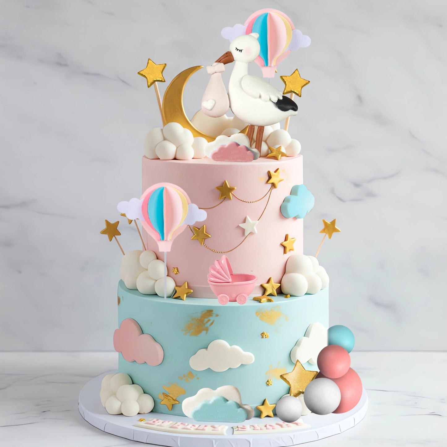 Gender Reveal Cake Topper Storks Cake Decorations Cloud Star Moon Hot Air Balloon Pink Blue Balls for Birthday Gender Reveal