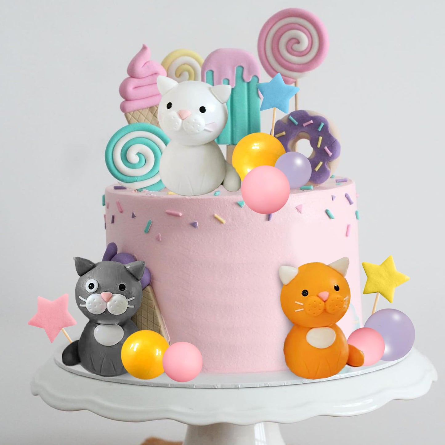 Cat Cake Toppers Clay Figurines Yellow Pink Purple Ball Cake Decorations for Cat Theme Birthday (Style 01)