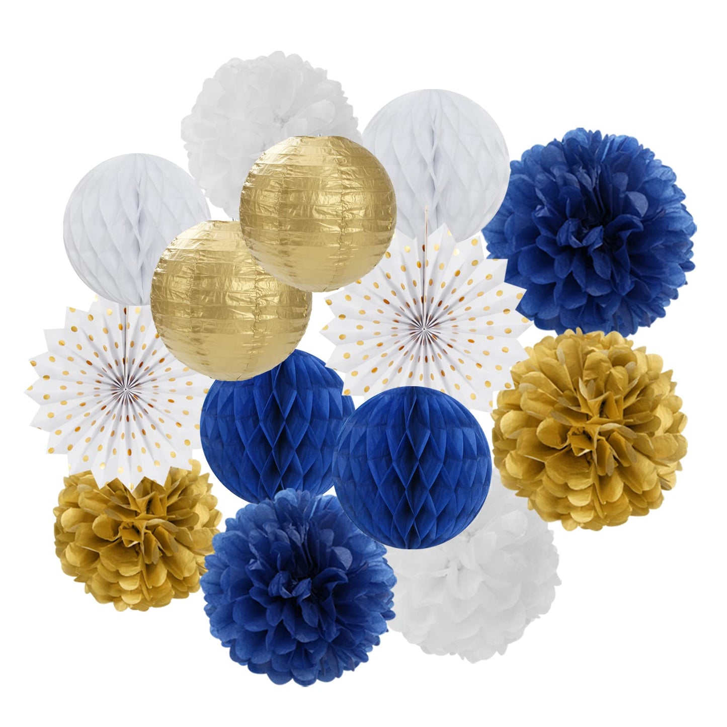 Navy-Blue White Gold Party Decorations - 14pcs Kits Paper Lanterns Fan,Tissue Flower Pom Poms Streamers,Honeycomb Balls,Graduation 2026 Men Birthday
