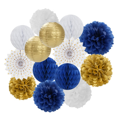 Navy-Blue White Gold Party Decorations - 14pcs Kits Paper Lanterns Fan,Tissue Flower Pom Poms Streamers,Honeycomb Balls,Graduation 2026 Men Birthday