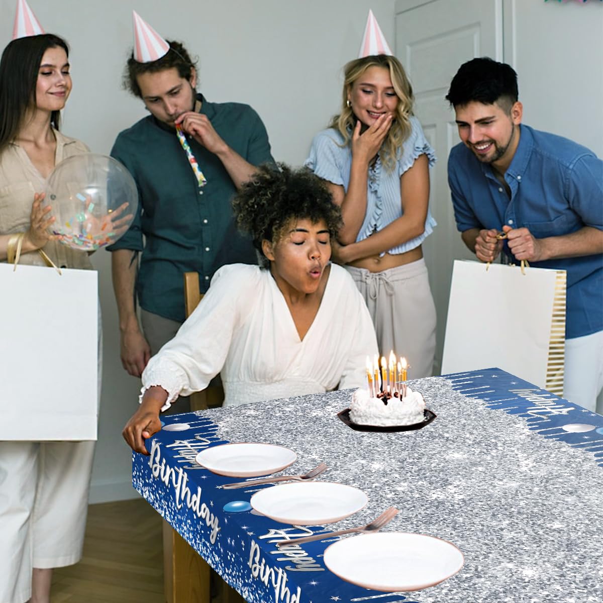 Dydamud Happy Birthday Tablecloth,3pcs Navy Blue and Sliver Table Cloths for Parties Rectangle Glitter Navy Blue Birthday Decoration for 18th 21st