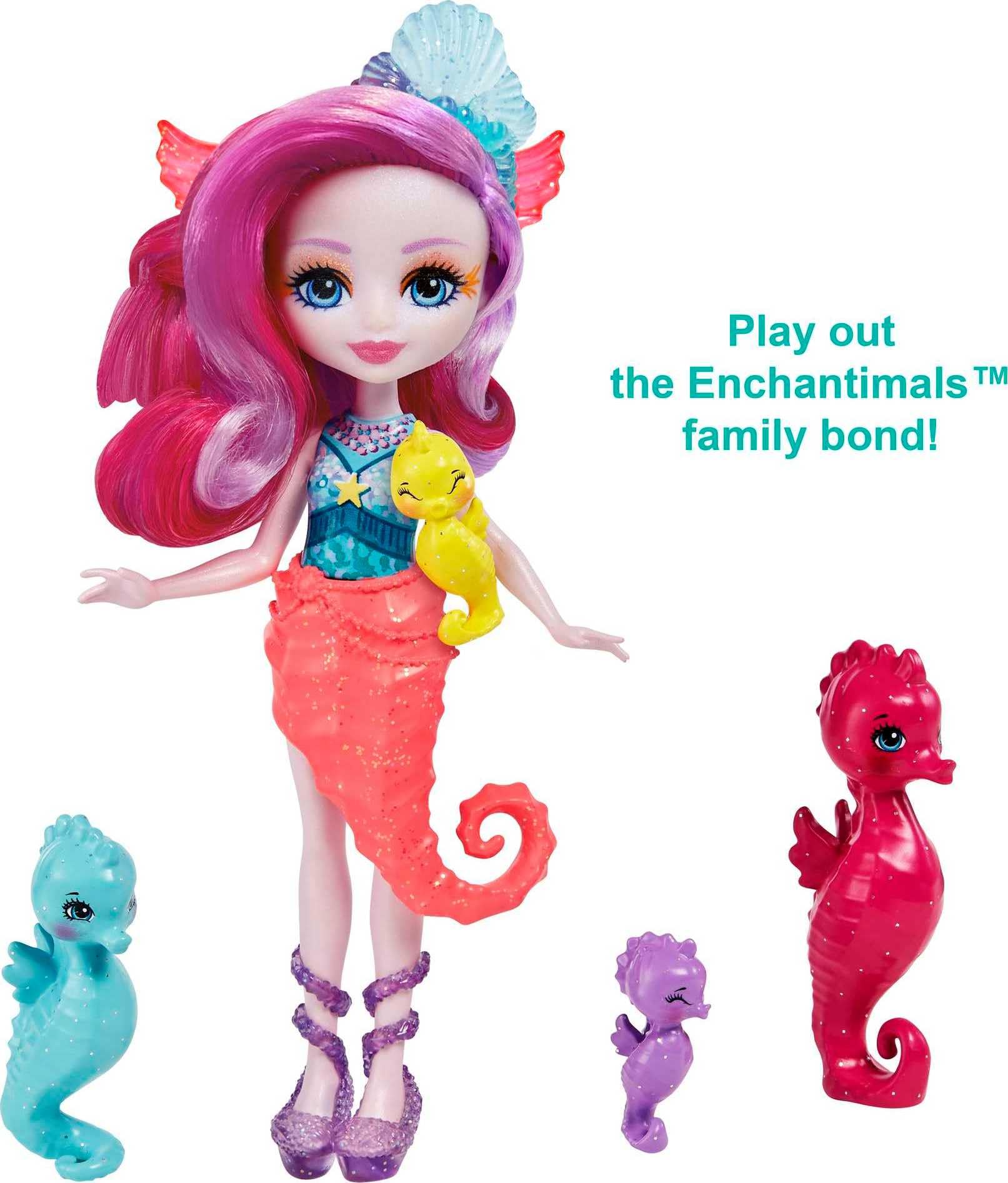 Mattel Enchantimals Family Set with Sedda Seahorse Small Doll & 4 Animal Sibling Figures, Ocean Kingdom Toy Collection