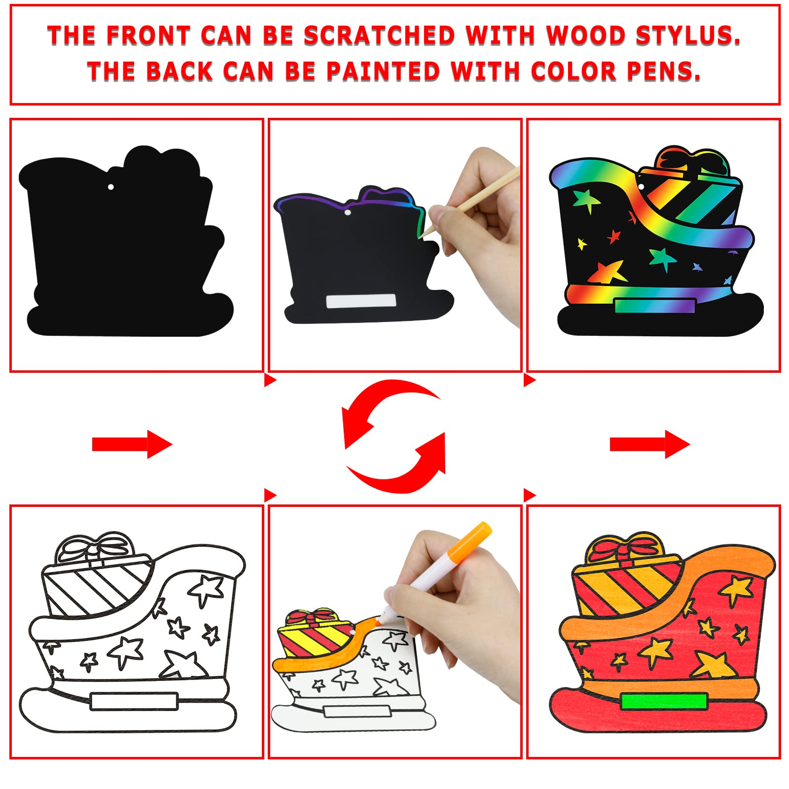 Max Fun Christmas Crafts Scratch Art for Kids, 96PCS Ornaments Rainbow Magic Color Scratch Off Cards Paper Hanging Art Craft Supplies Educational Toys