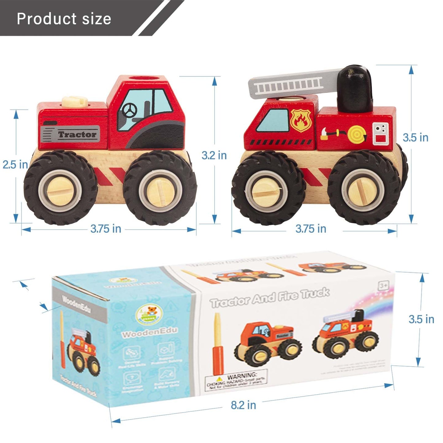 WoodenEdu Construction Vehicles for Toddlers, 2 Pcs Wooden Detachable Assemble Cranes and Tractor, Kids Vehicle Toys Hand Push Car Toys for 3 Years