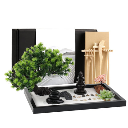 Zen Garden Kit for Desk Decor - Premium Beautiful Japanese Mini Sand Box Set Home, Office with Black Wooden Tray, White Sand, Rake Tools Desktop