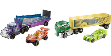 Hot Wheels Toy Car & Truck, Super Rigs 1:64 Scale Race Car & Matching Semi Truck Transporter (Styles May Vary)