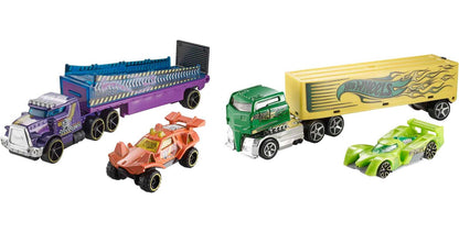 Hot Wheels Toy Car & Truck, Super Rigs 1:64 Scale Race Car & Matching Semi Truck Transporter (Styles May Vary)