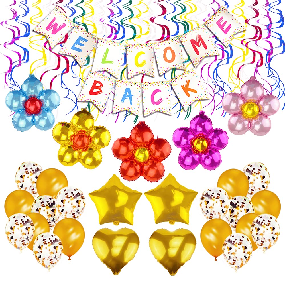 Welcome Back Sign Banner Decoration Kit Including Welcome Back Banner Flower Star Heart Shape Balloons Gold Confetti Glitter Balloons and Hanging