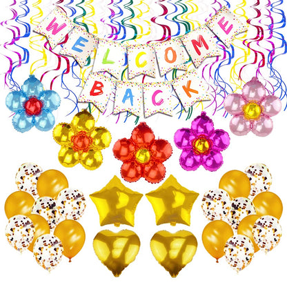 Welcome Back Sign Banner Decoration Kit Including Welcome Back Banner Flower Star Heart Shape Balloons Gold Confetti Glitter Balloons and Hanging
