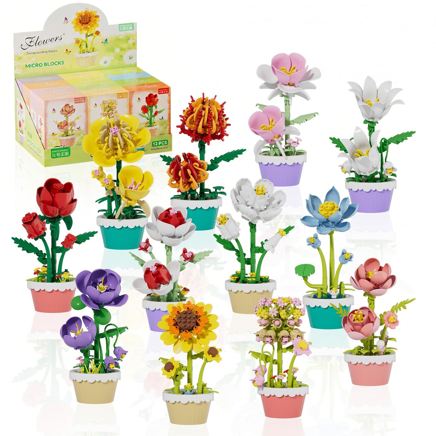 FNSJFYZS Flower Building Blocks, 12 PCS Assorted Mini Flower Pot Building Set, Artificial Flowers Botanical Collection for Home Decor, Birthday Gifts