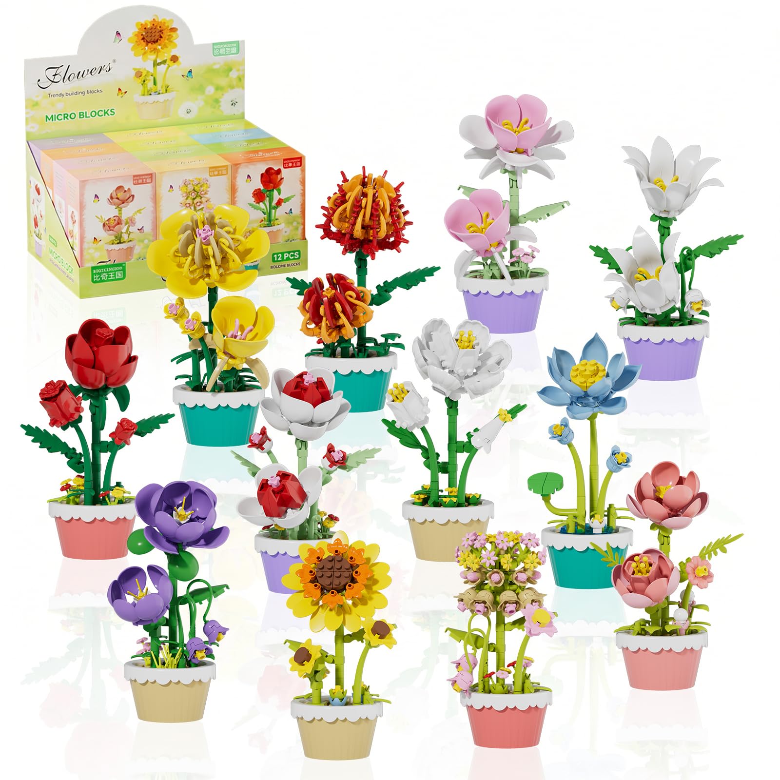 FNSJFYZS Flower Building Blocks, 12 PCS Assorted Mini Flower Pot Building Set, Artificial Flowers Botanical Collection for Home Decor, Birthday Gifts