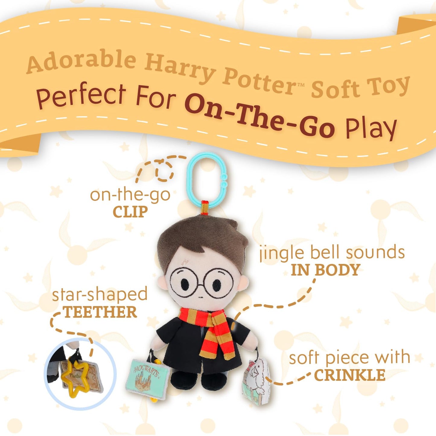 Kids Preferred Harry Potter On The Go Activity Toy with Teether, On The Go Clip, Crinkle Texture, and Jingle Bell