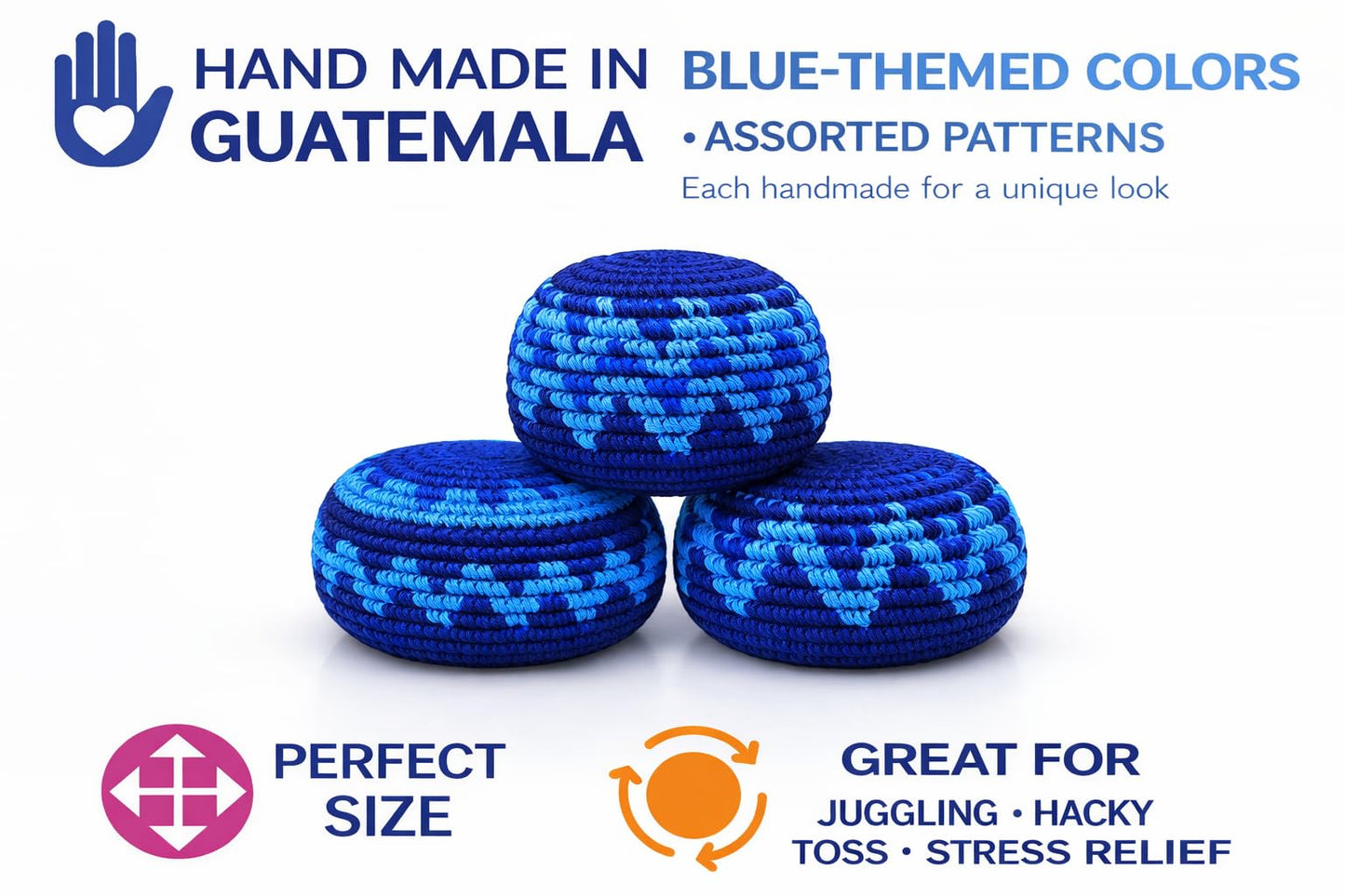 Funny Guy Mugs Footbag Balls 3 Pack Handmade Crocheted Kick Toss Balls from Guatemala Assorted Patterns Indigo