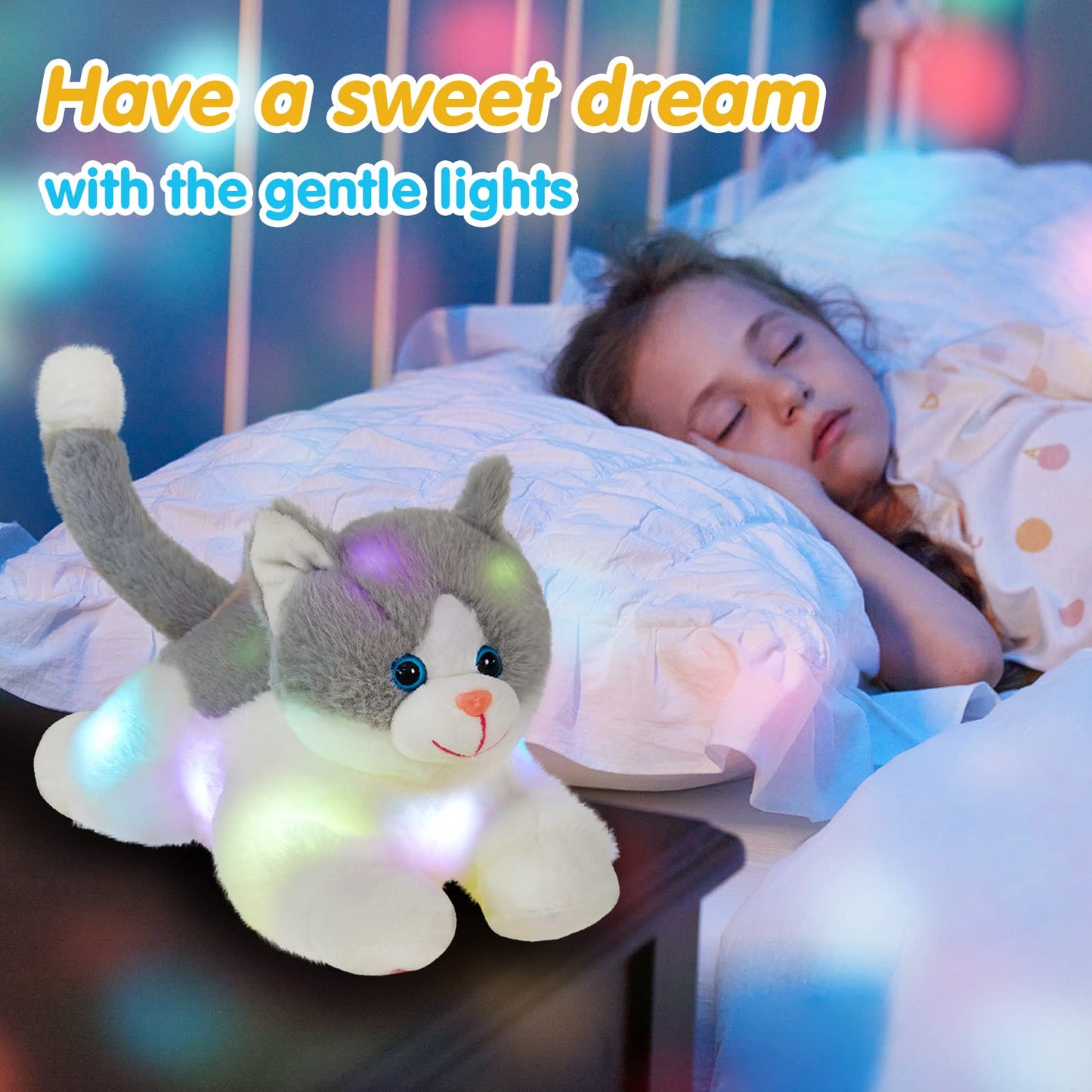 Houwsbaby 15" Gray Light up Kitty Stuffed Animal Cat Floppy LED Plush Toy Kitten Night Lights Glow Pillow Birthday Festival Christmas Halloween
