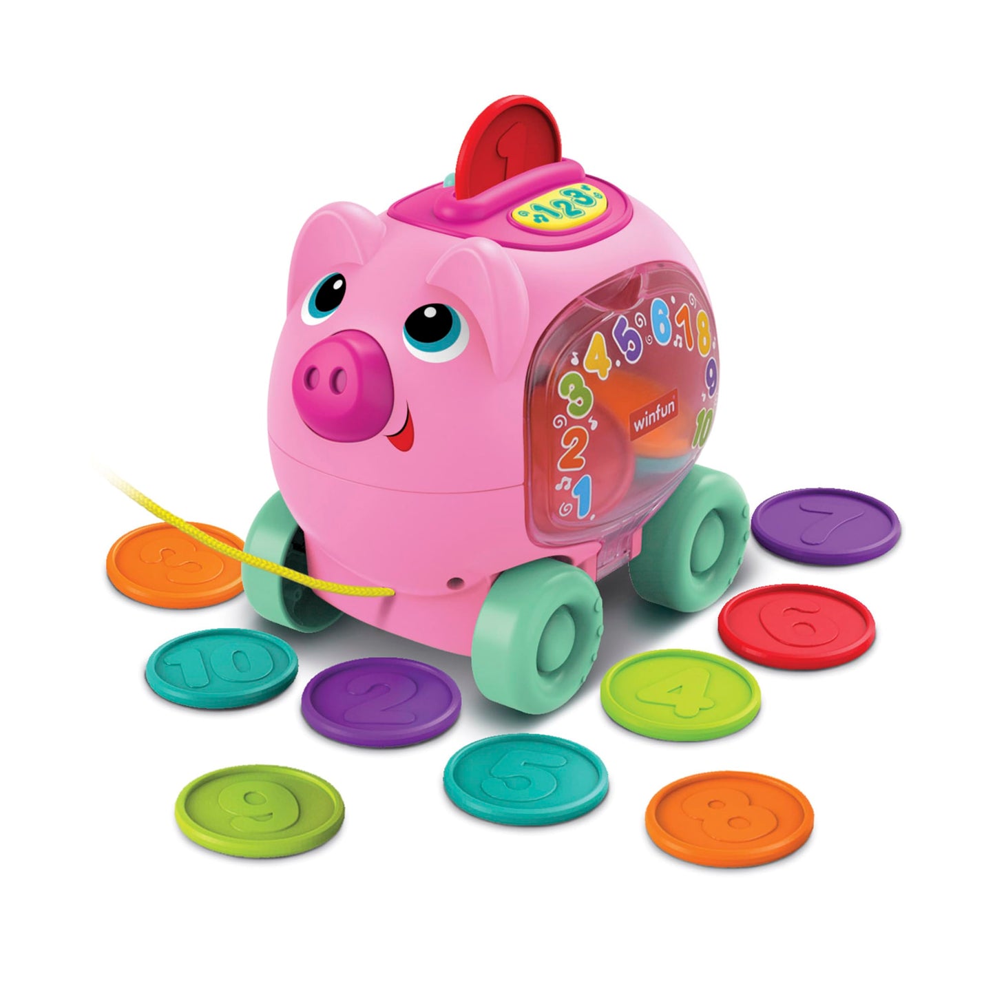 Winfun Pull-Along Pink Counting Piggy Bank - Bilingual English & Spanish Toy for Babies 6+ Months - Interactive Sounds, Lights, Phrases & Music