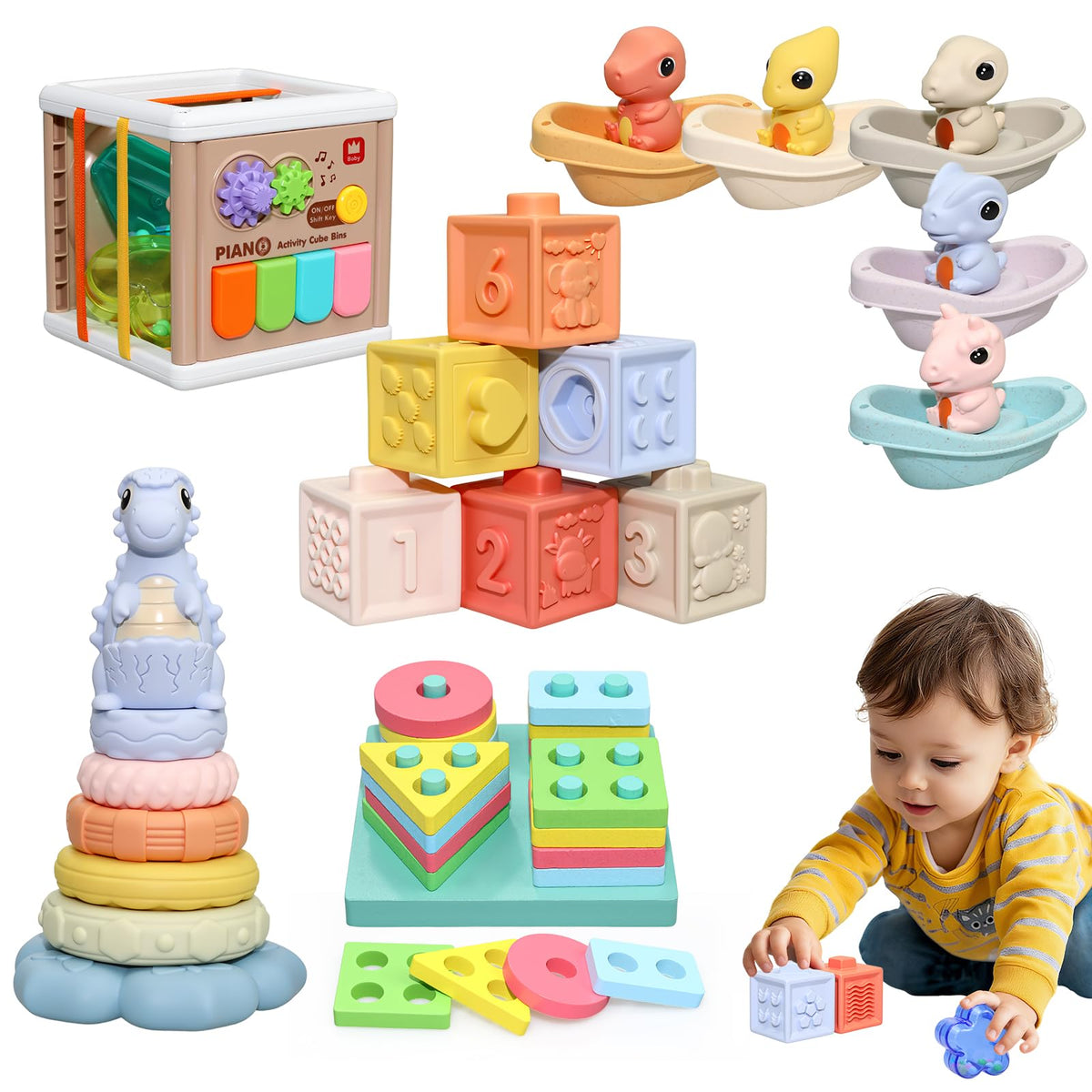BFALSHB Baby Montessori Toys 6-12 Months, 5 in 1 Sensory Learning Set with Stacking Blocks, Shape Sorter, Bath Toys, Activity Cube, Dinosaur Stacker