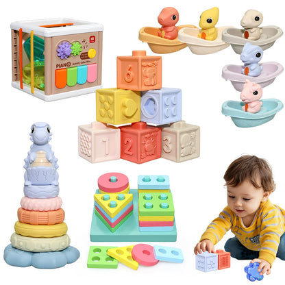 BFALSHB Baby Montessori Toys 6-12 Months, 5 in 1 Sensory Learning Set with Stacking Blocks, Shape Sorter, Bath Toys, Activity Cube, Dinosaur Stacker