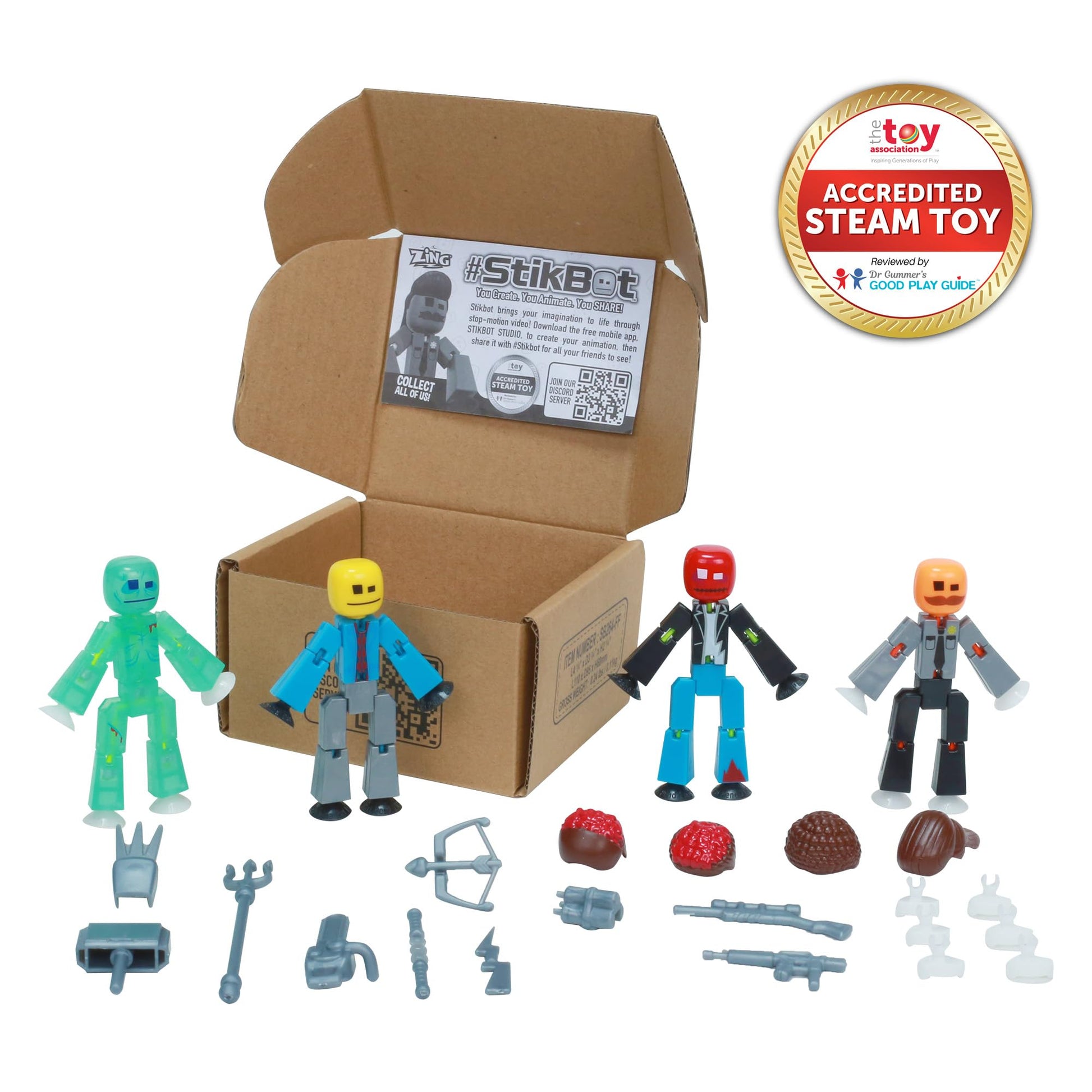 Zing StikBot Zombie Hunters Pack, Set of 4 Printed StikBots Collectable Figures, Includes 4 StikBots and Accessories, Stop Motion Toy for Kids Ages 4